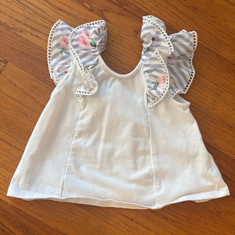 Habitual White Tank Top with Floral-Striped Ruffle Sleeves